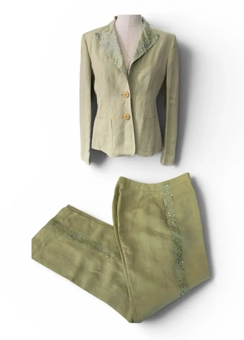 Kate Hill Women's Linen Blazer & Pants Suit Set Green Petite Mix Sizes 2P/4P